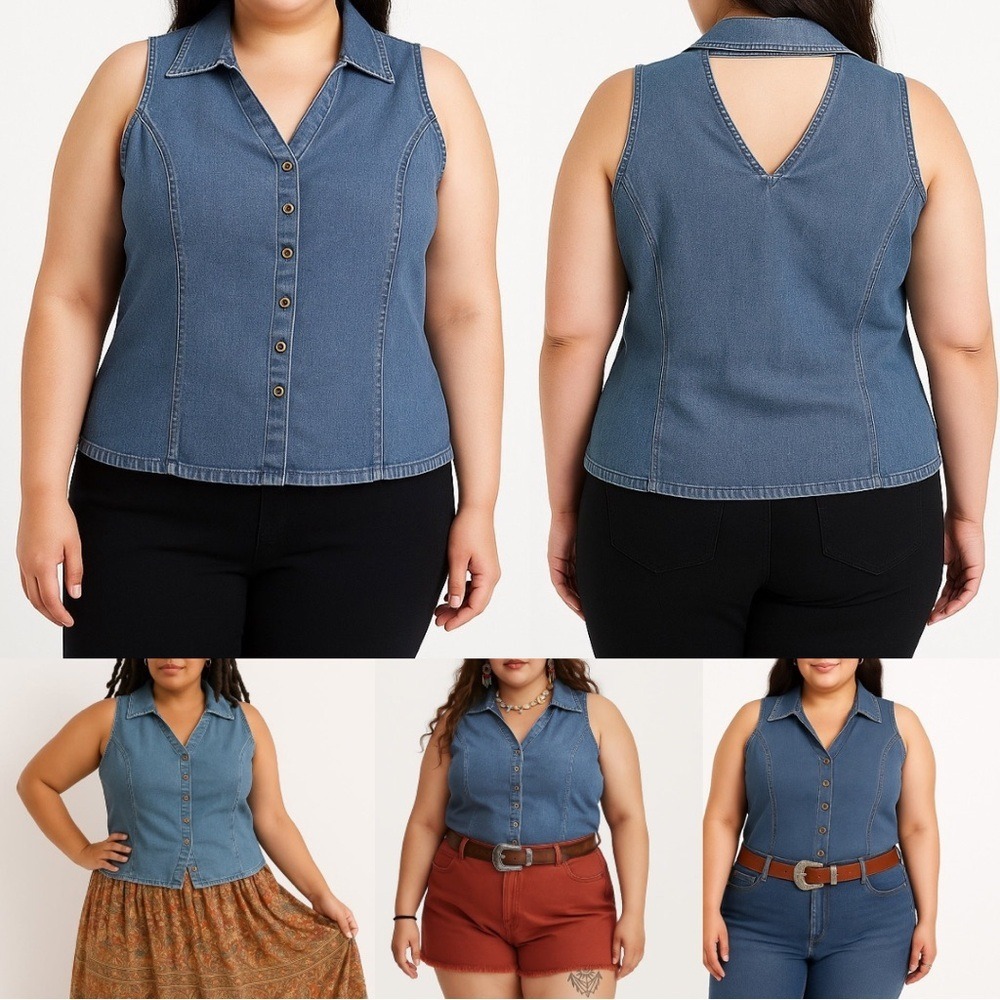 FADED GLORY Vintage Denim Sleeveless‎ Button-Down Top Size Large(12/14) Western